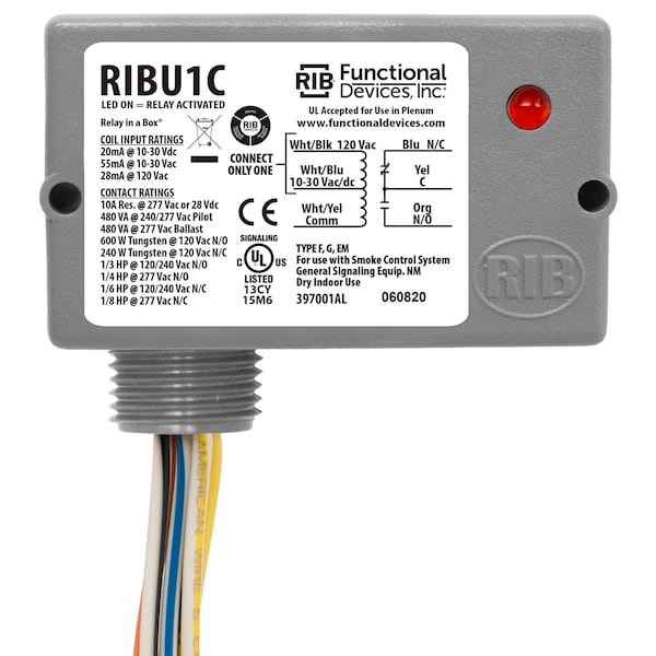 RIBU1C Multi-pack 10 Count Enclosed Relay 10Amp SPDT 10-30Vac/dc/120Vac